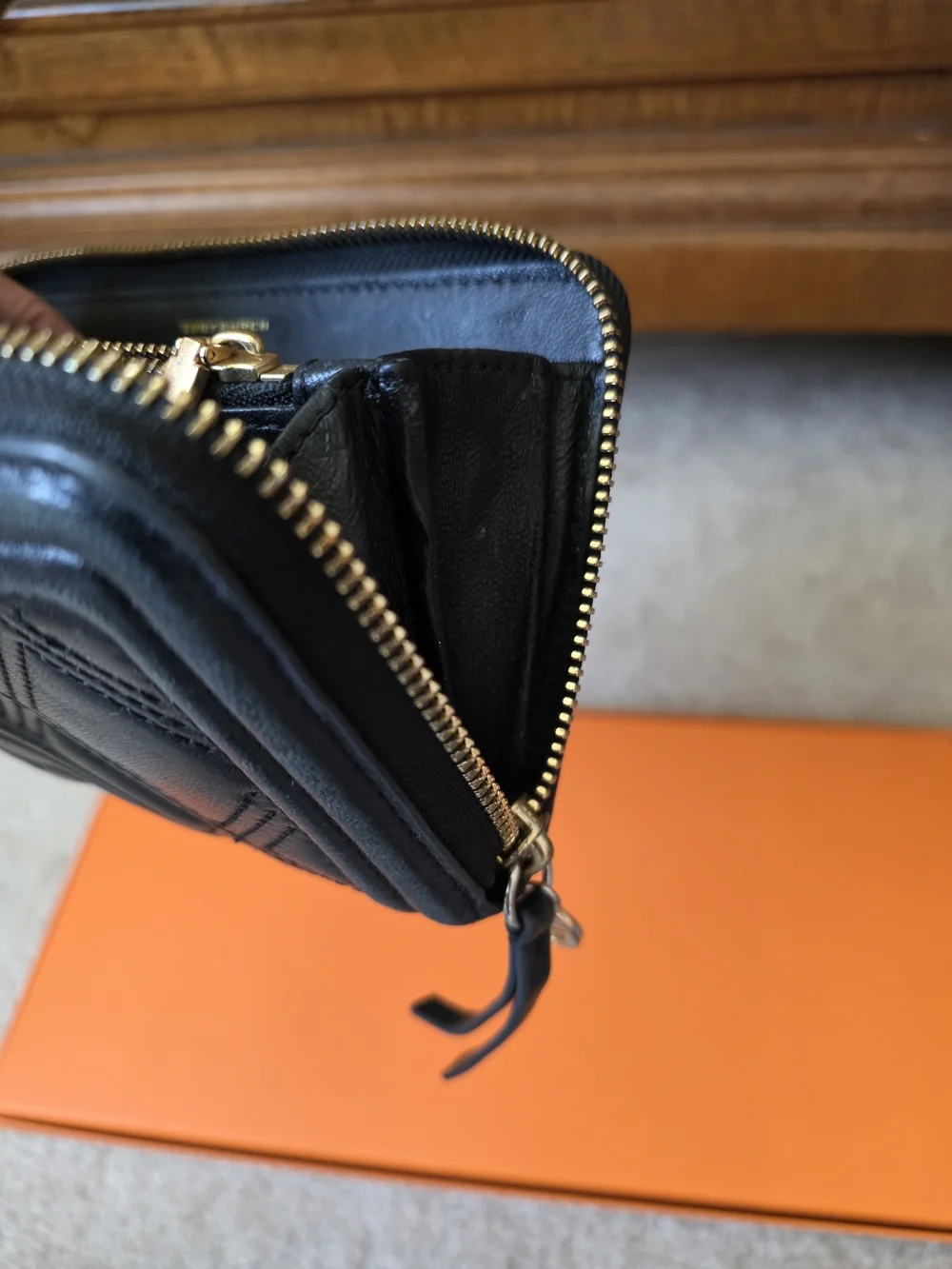 Tory Burch Black Quilted Leather Zip Wallet with Gold Logo Pull